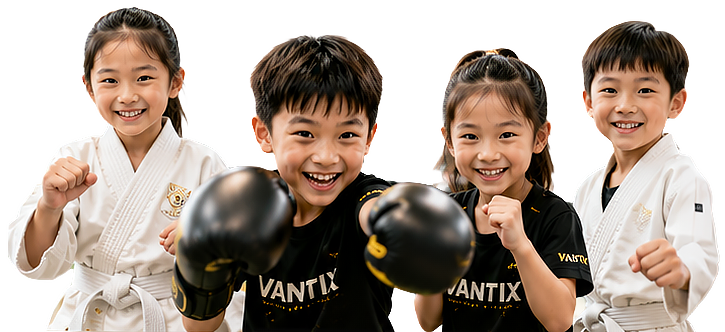 四位參加 VANTIX 兒童戰鬥力養成營的孩子，展示拳擊與柔道訓練的自信笑容